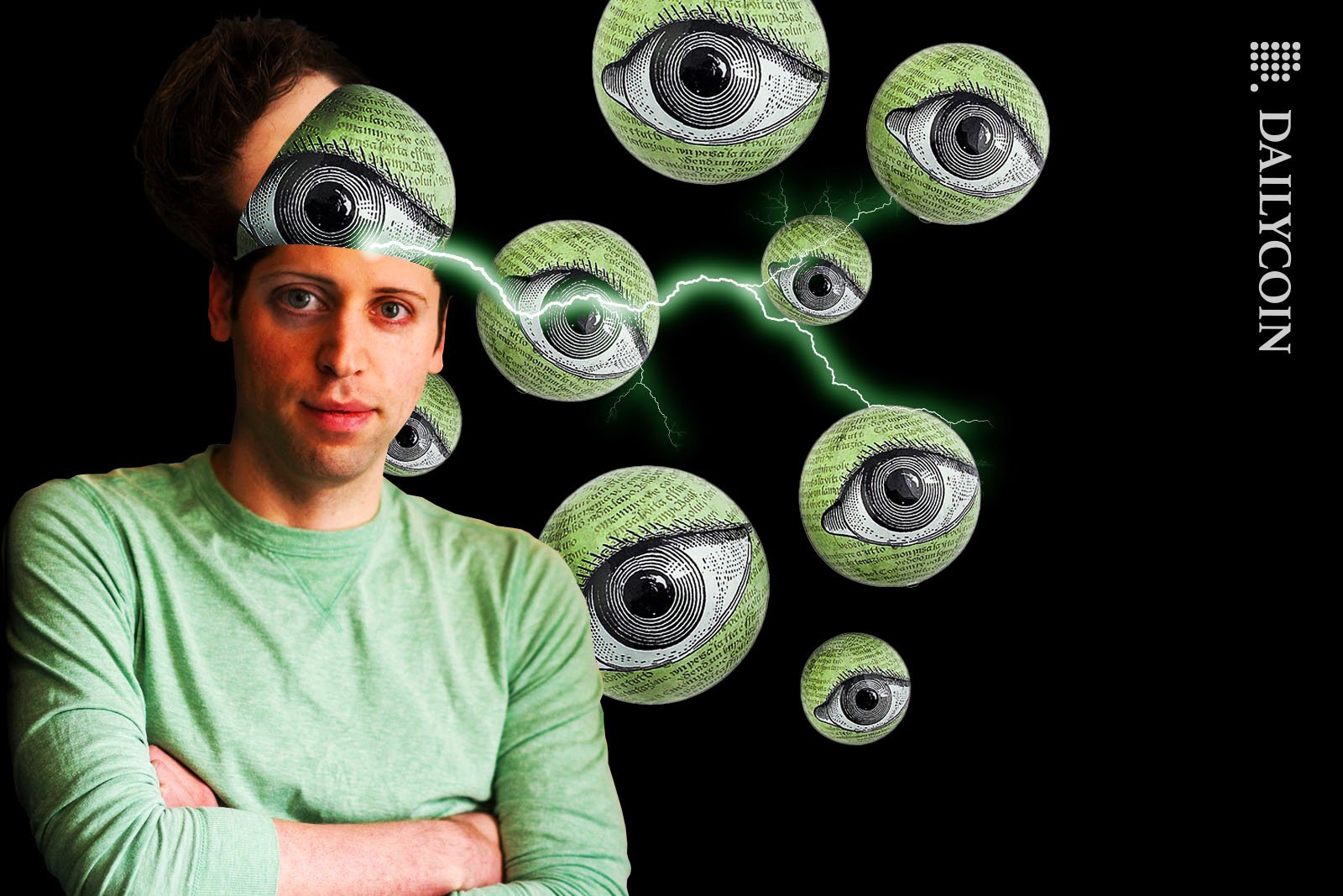 Giant eyeballs flying out of Sam Altman's open skull.