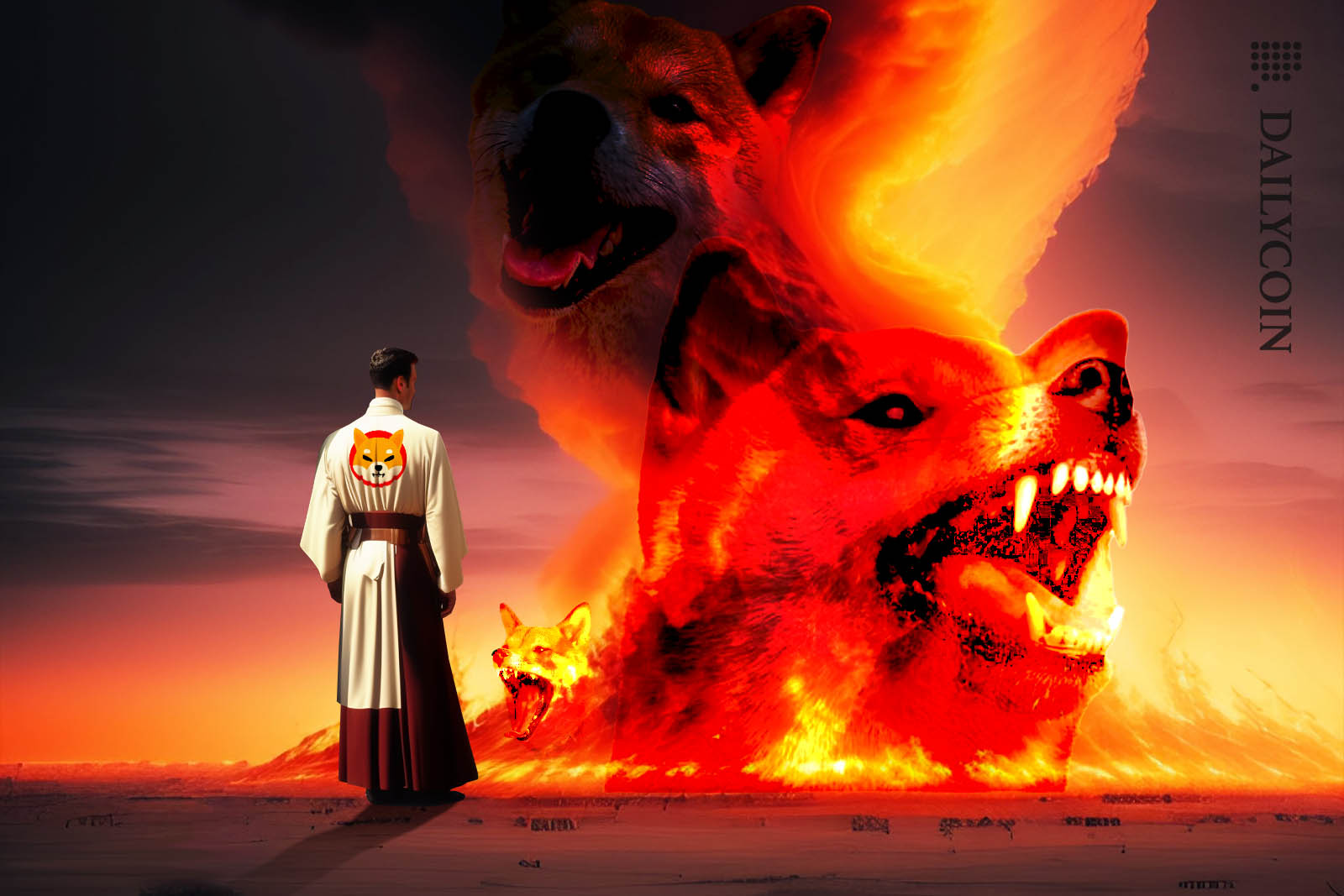 Shiba Inu employee overseeing a large fire resembeling of ghostly Shiba Inu faces.