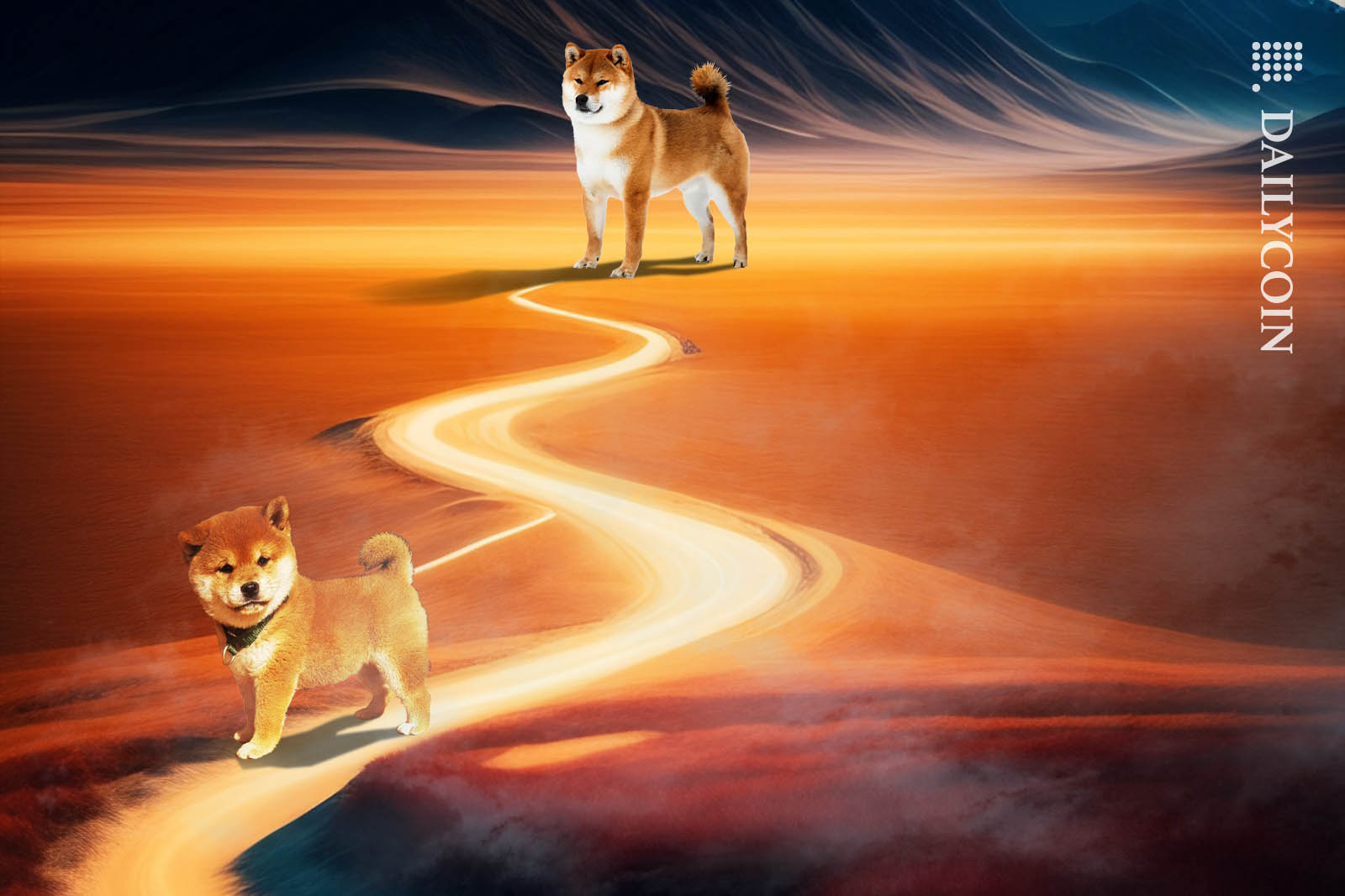 A Shiba Inu puppy walking down a desert path, followed by an adult Shiba Inu.