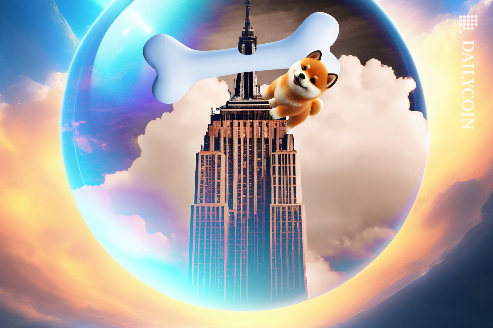 Shiba Inu on an Empire state building with shiba BONE at the top.