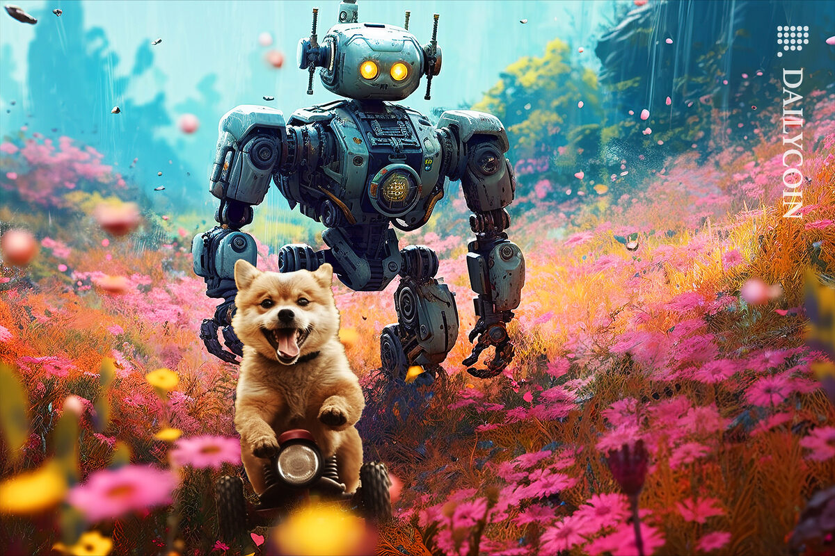 Puppy is leading the way in a flower field, while robot looks around at the blooming flowers.