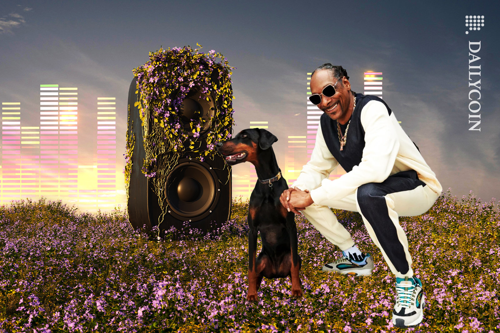 Snoop Dogg in his music land smilling.