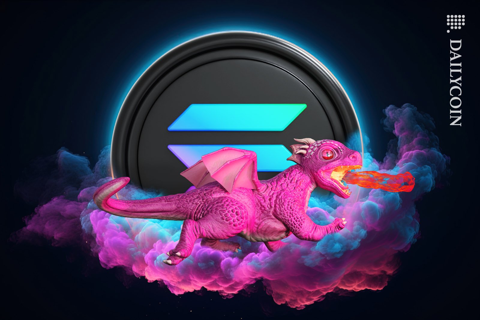 Little pink dragon breathing fire on a cloud of Solana coin.