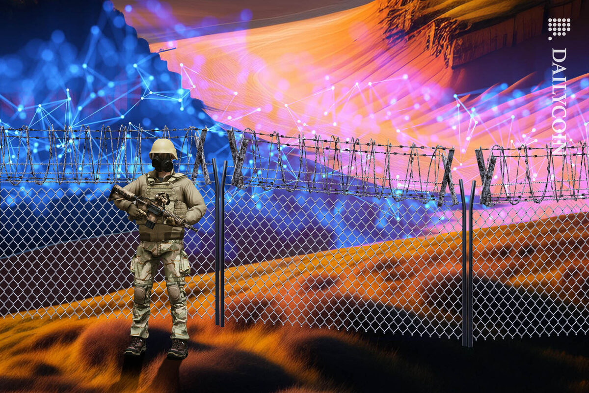 Soldier protecting a restricted zone contaminated by blockchain.
