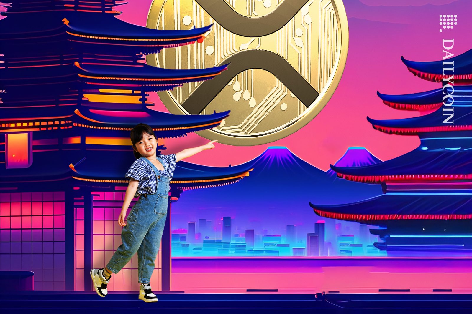A woman pointing towards a huge XRP coin above a city in South Korea.