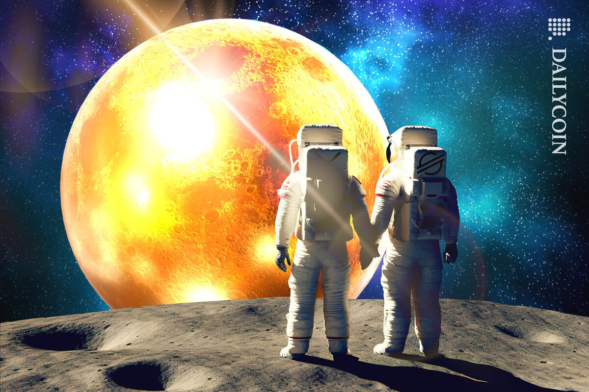 Two astronauts standing hand in hand on an alien planet, looking at a golden moon.