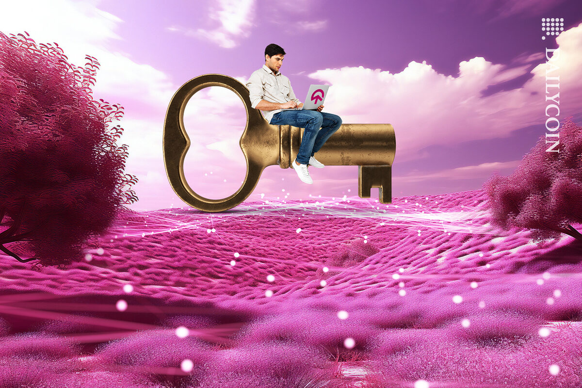 Guy on a key, on his Tomi laptop, in a pink world.