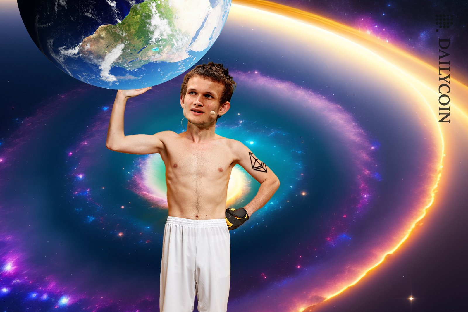 Vitalik Buterin holding the whole world with one hand in his workout gear.
