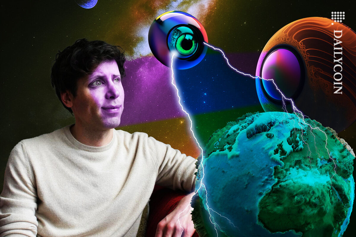 Sam Altman staring at space whilst a big eyeball planet scans his eyes, and another scans Earth.
