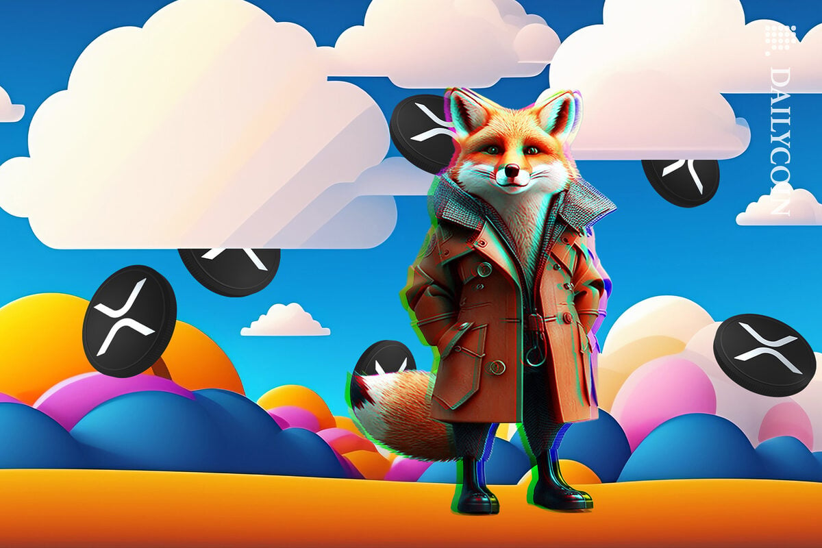 Fox Man in a fantasy cartoon world, with XRP coins dropping from the clear blue sky.
