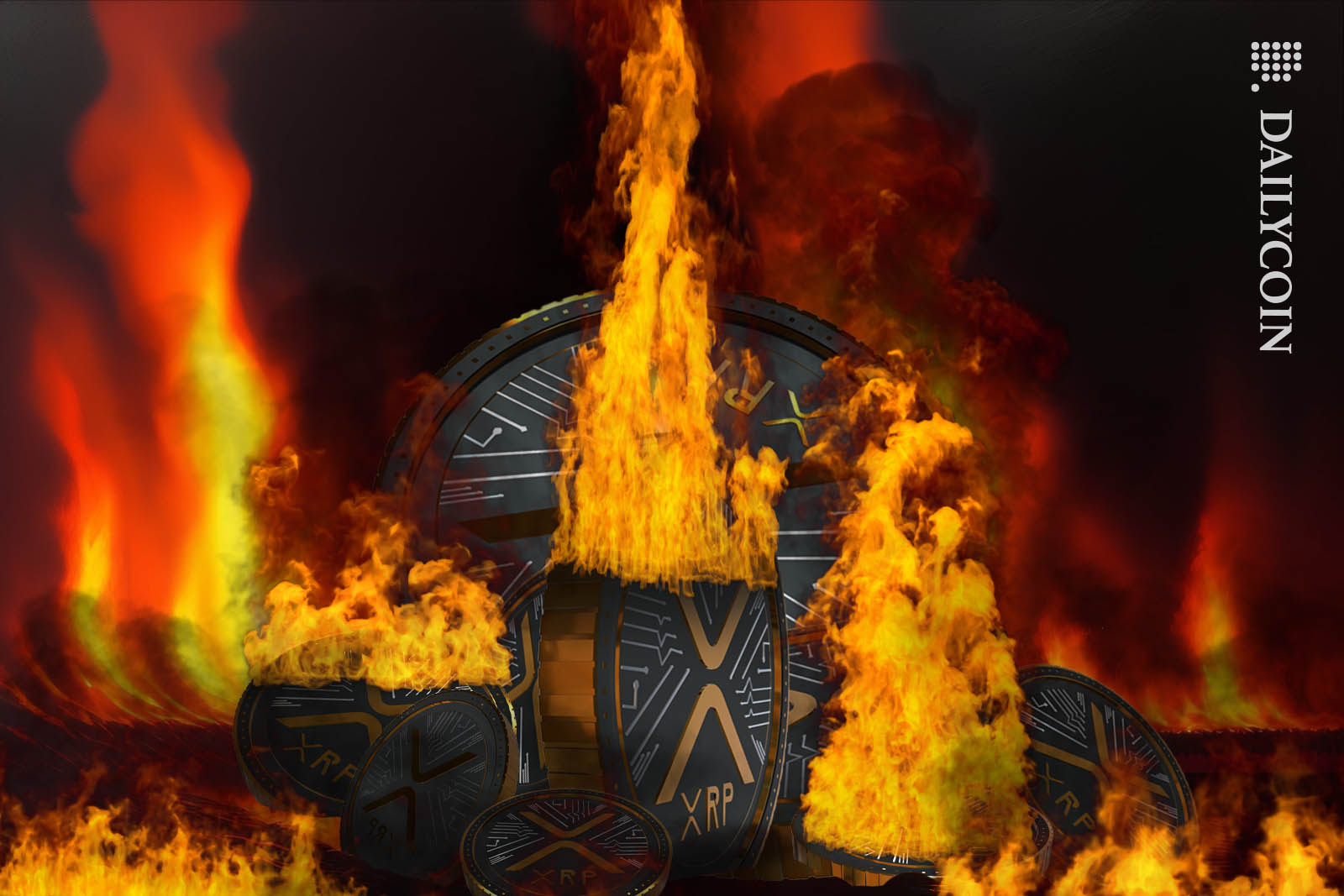 Pile of XRP coins burning in a pile.