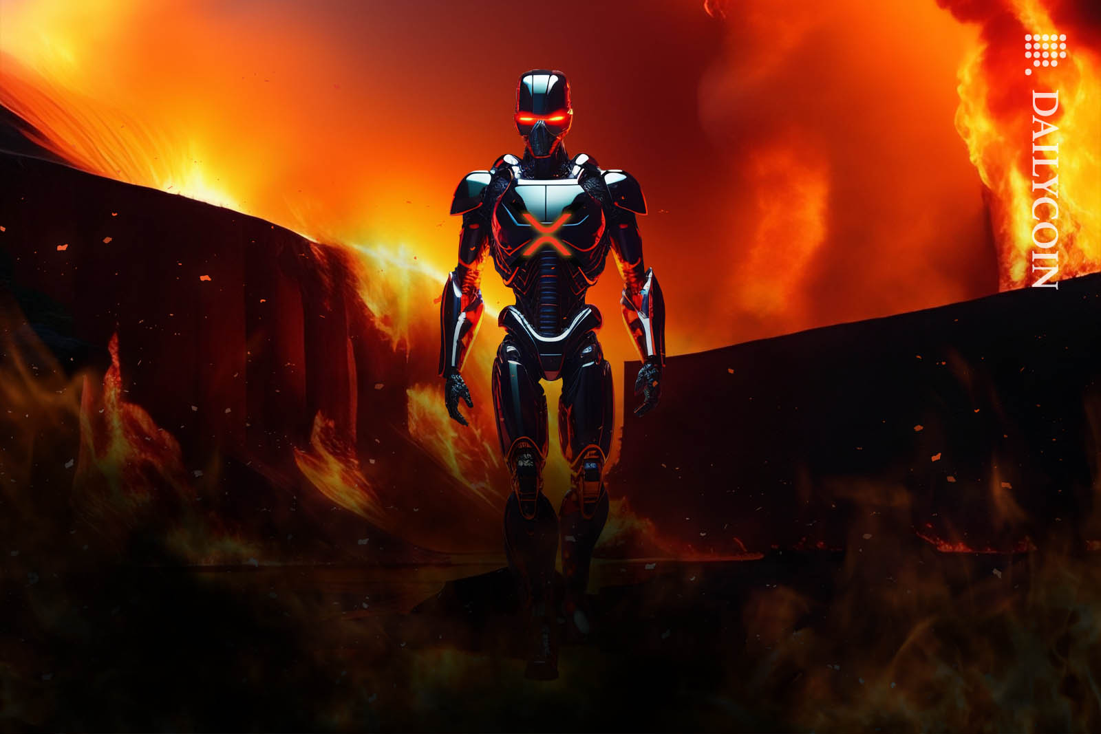XRP robot walking out of a fiery inferno unharmed.