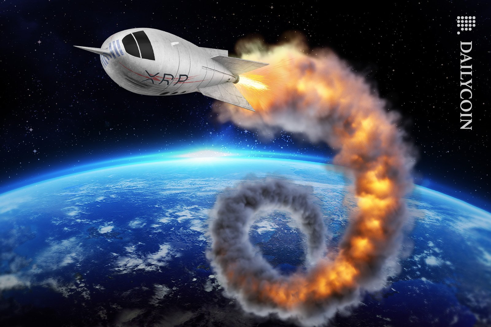 XRP rocket flying in space, leaving a long trail of flames and smoke.