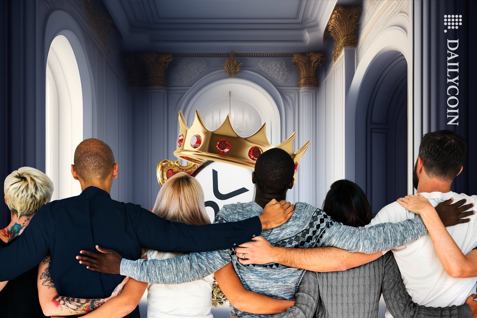 XRP coin is crowned sitting on the throne while a community of people joined together looking at it.
