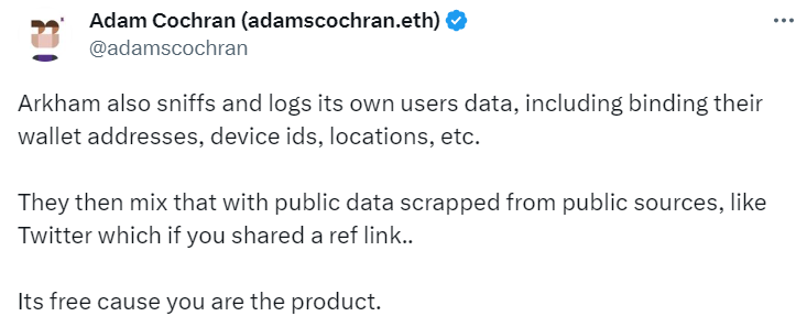 Arkham tweet about collecting user data.