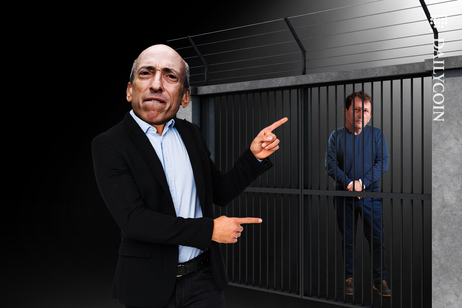 Gary Gensler pointing and being angry at Alex Mashinsky, as Alex is behind bars.