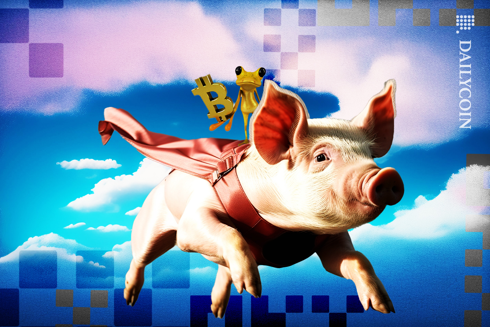 Piggy Superhero, with a frog holding a bitcoin flying through the air.