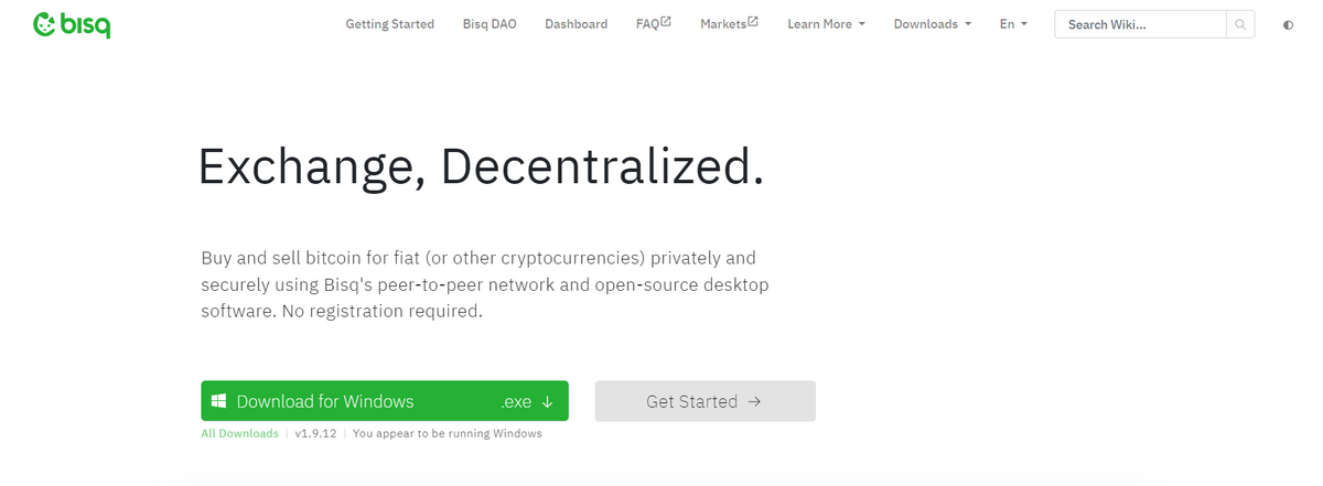BisQ homepage with a "Exchange, decentralized" written.