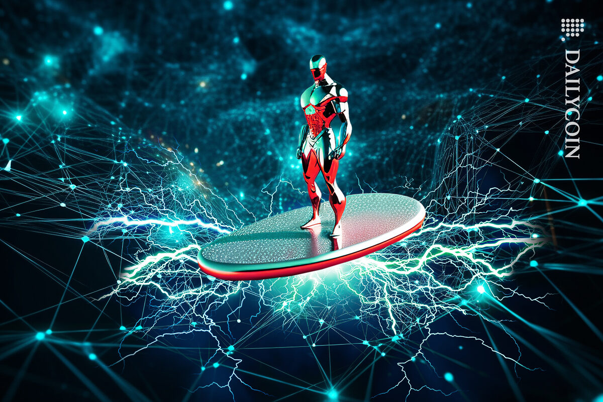 Robot enters on surfboard with lightning in blockchain.