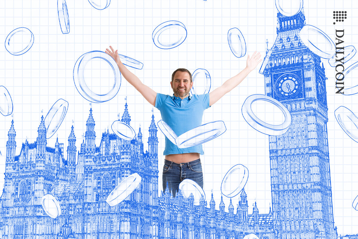 Brad Garlinghouse the CEO of Ripple, in a blueprint of London with coins rainning down.