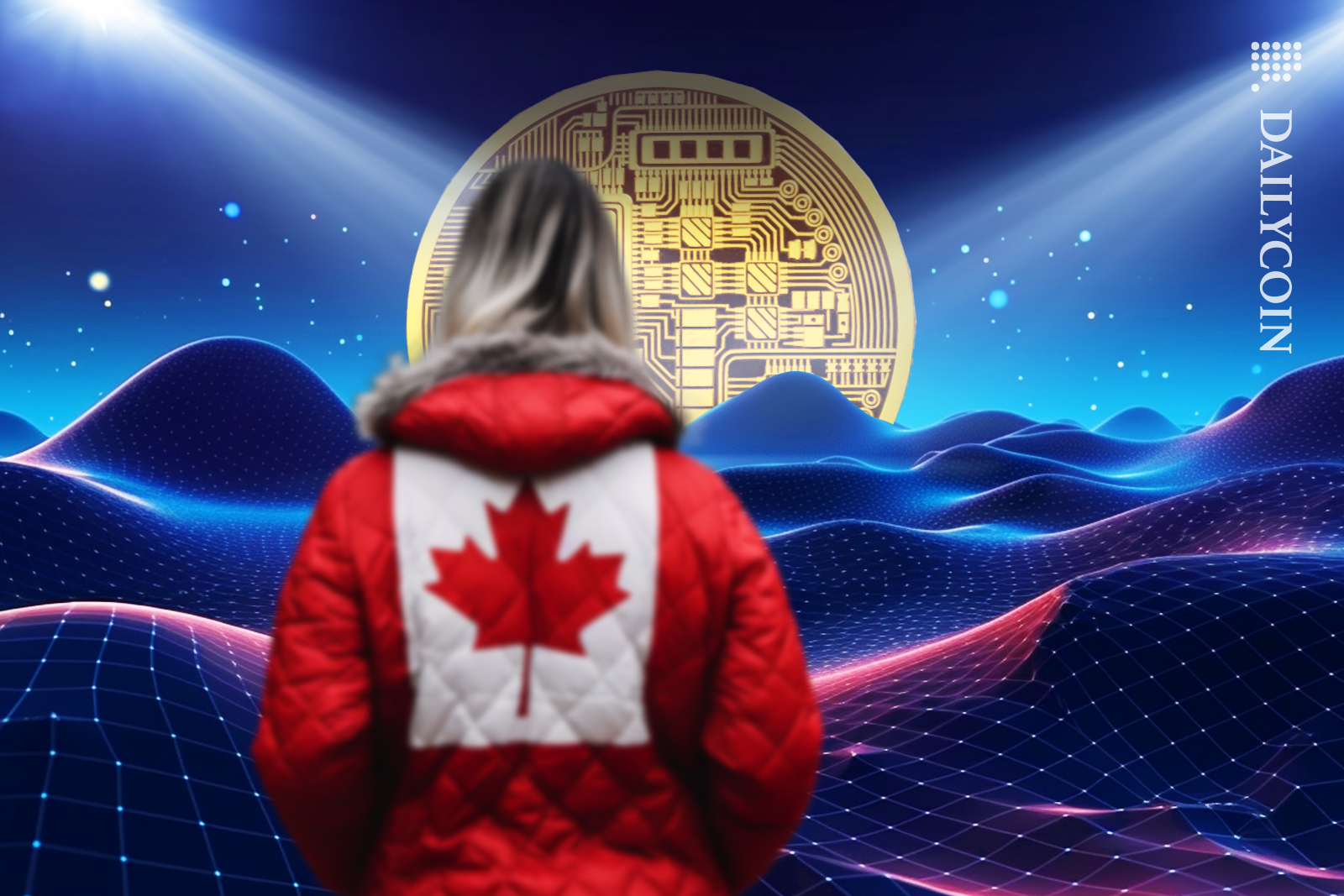 Canadian woman seeing a digital coin in spotlight on a blockchain landscape.