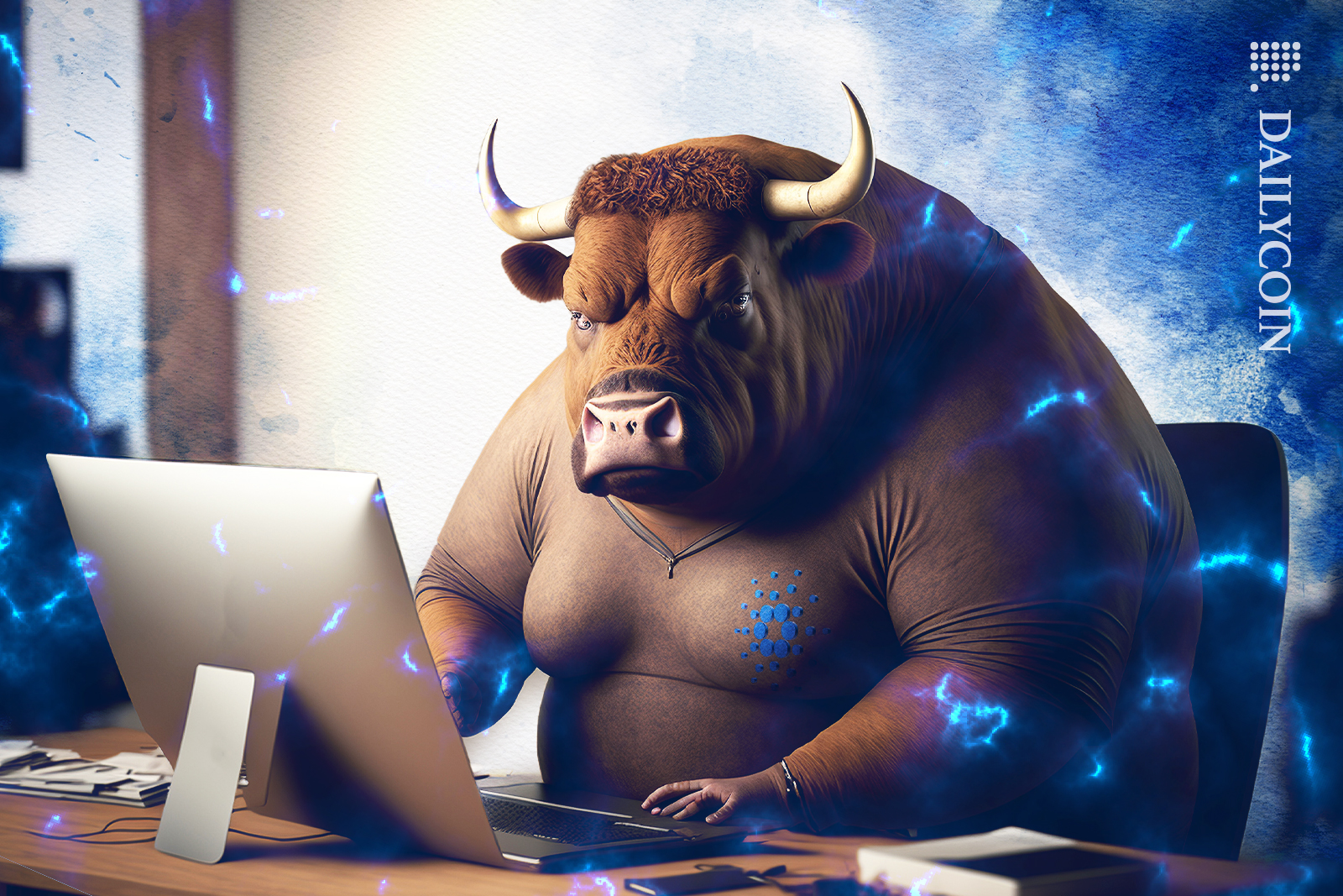 Cardano big, strong bull, sitting in front of a computer surrounded by electricity waves.