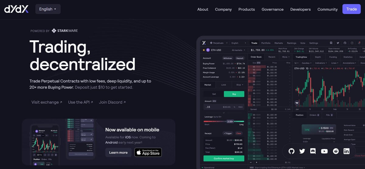 dydx homepage with "Trading, decentralized" writen.