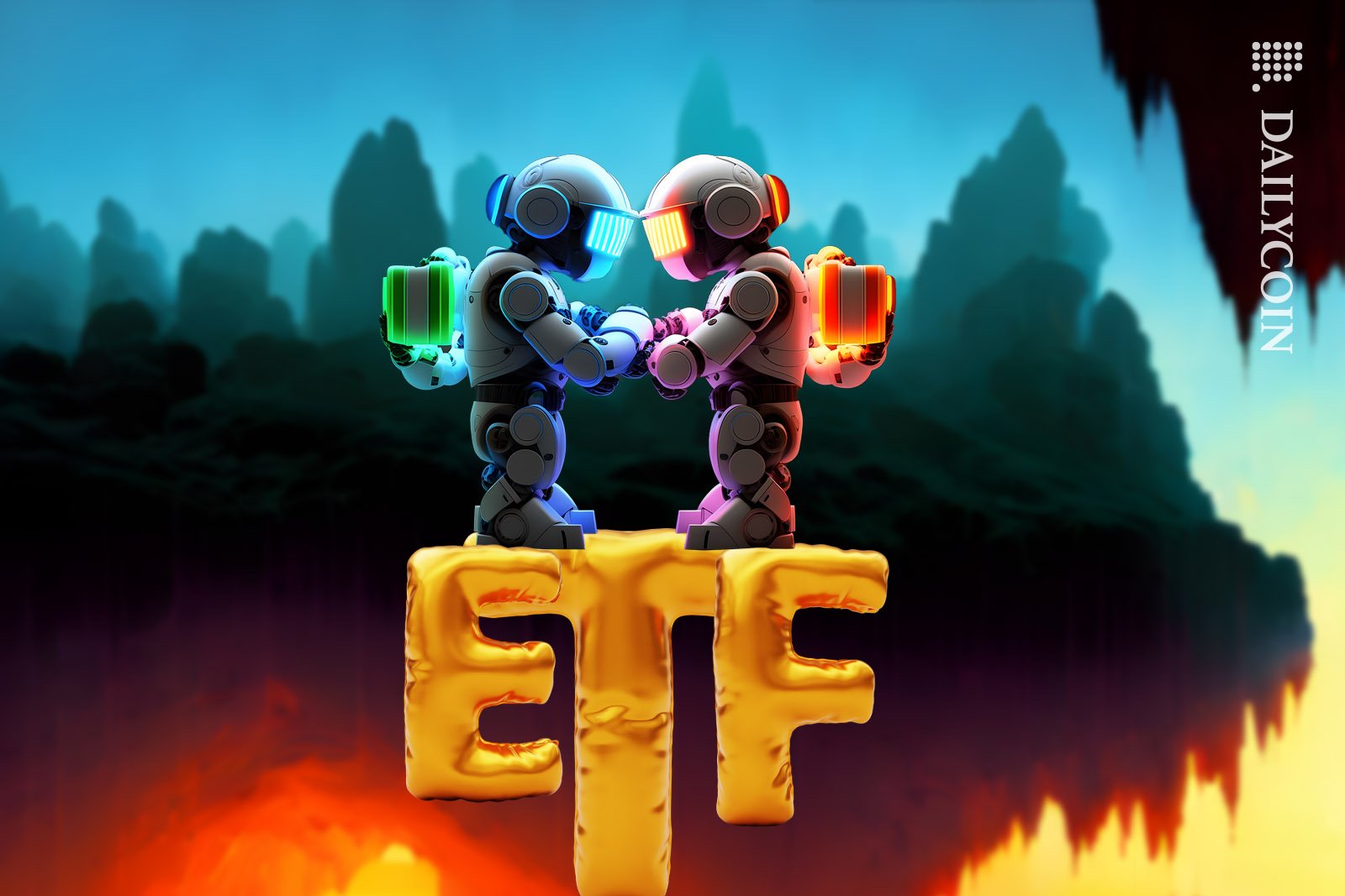 Two rival robots fighting on ETF, in the middle of a hovering rock.
