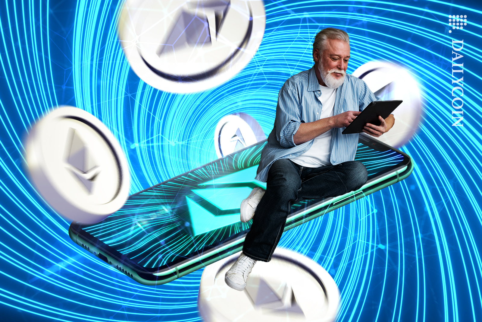 Older man sitting on an Ethereum device moving his coins around.