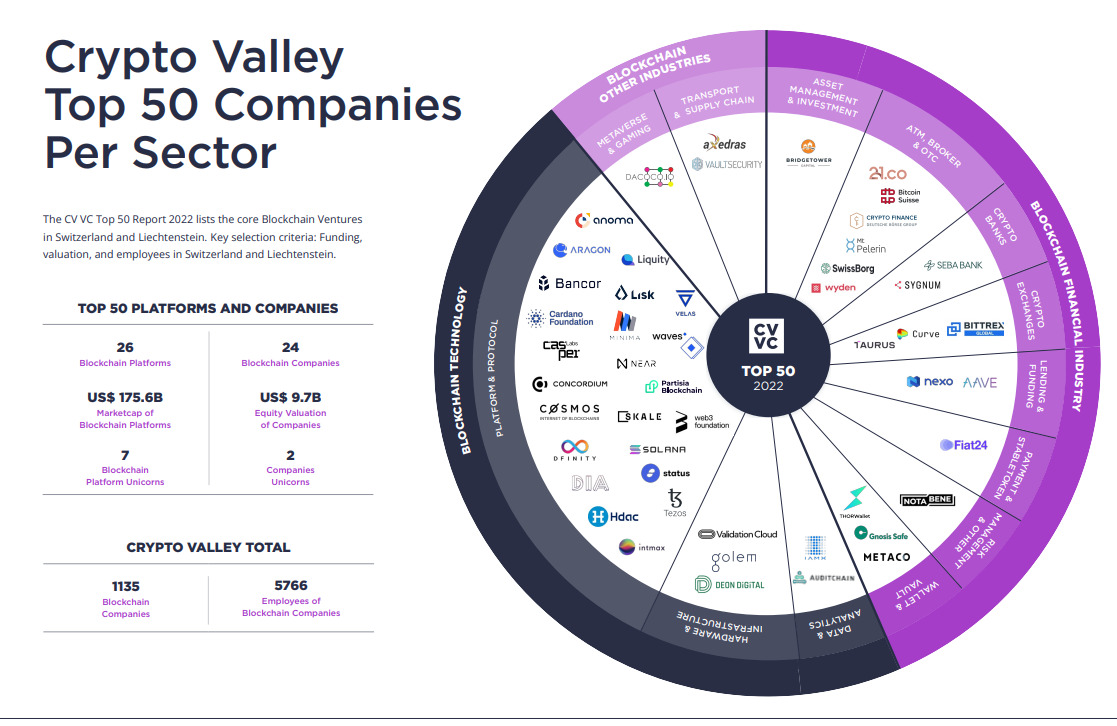 A pie chart of top 50 crypto valley companies per sector.