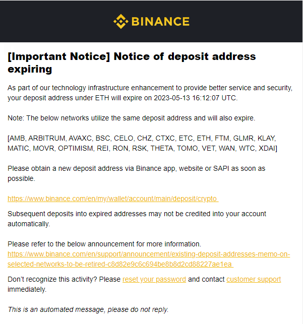 Official email from Binance notifying users about their deposit addresses. 
