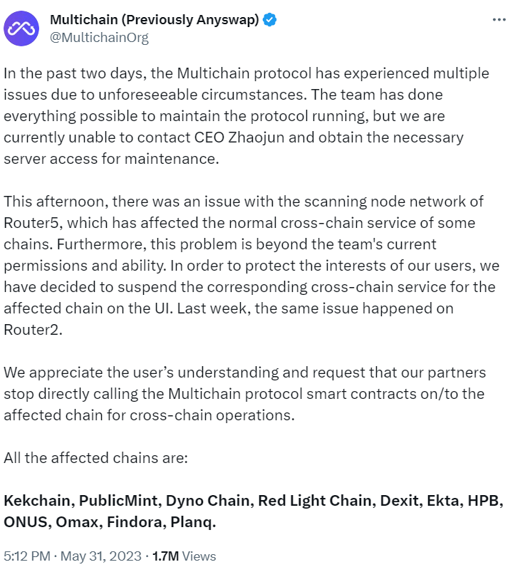 A tweet from Multichain regarding issues with the chains. 