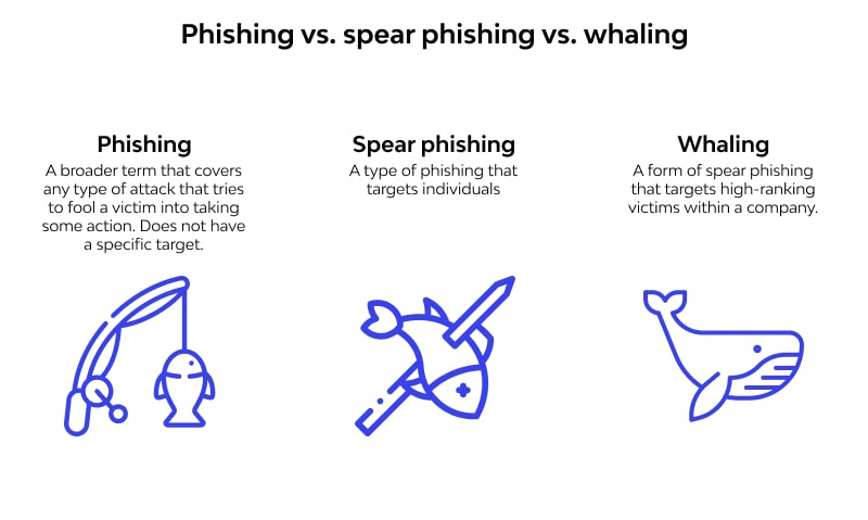 A graphic illustrating the difference between phishing, spear phishing and whaling in cybersecurity. 