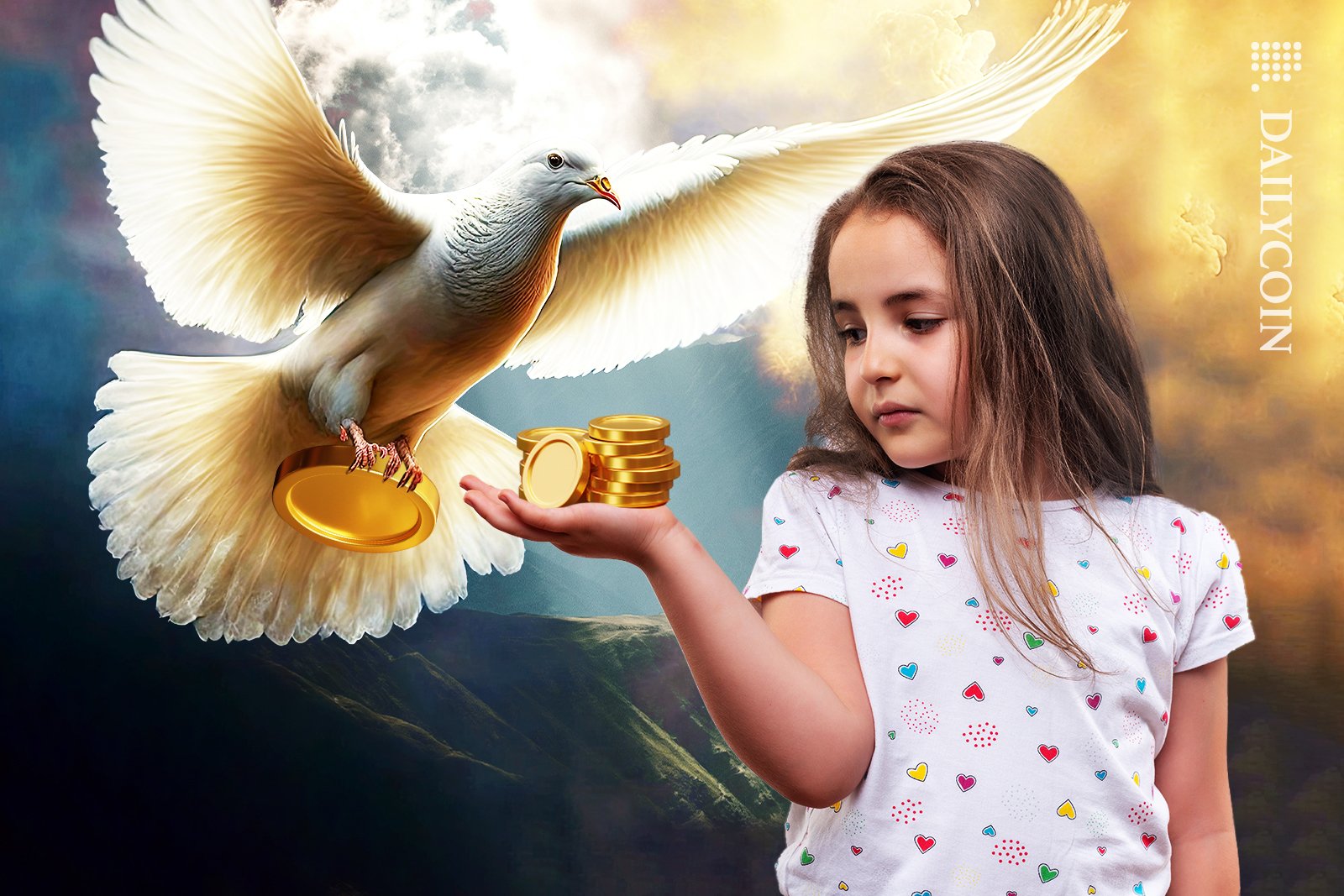 A dove delivering crypto coins to a young girl.