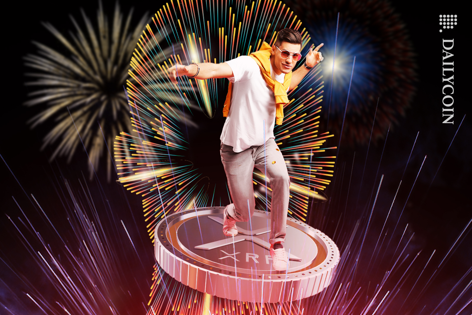 Man flying on XRP coin, surrounded by fireworks.