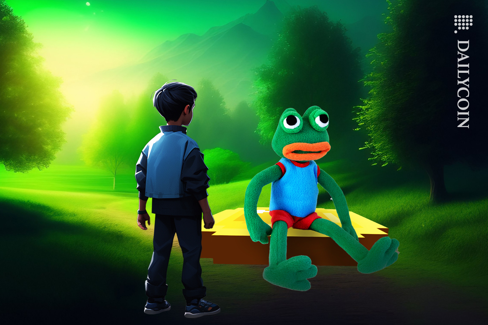 A Kid approaching PEPE on his coin looking unconfident