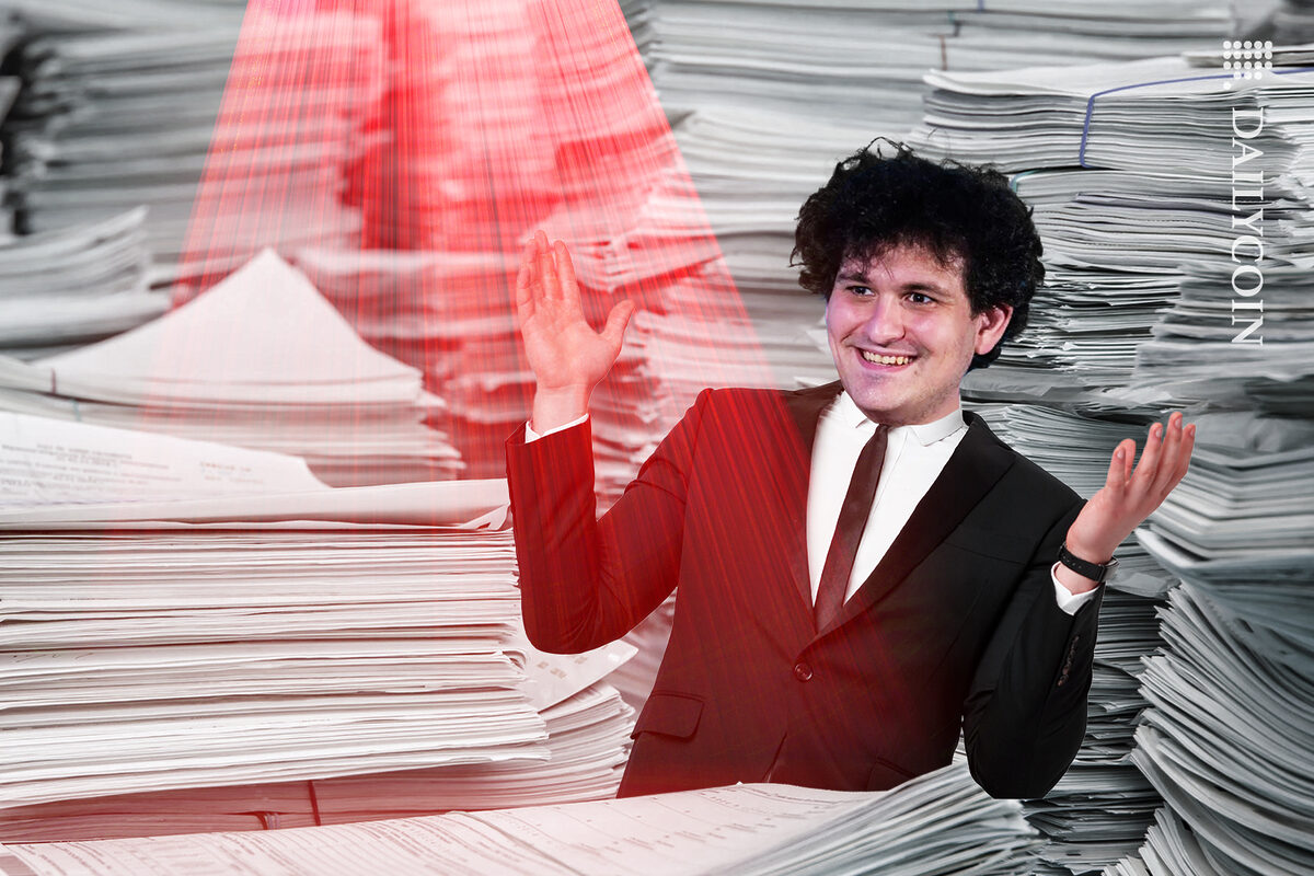 Sam Bankman happy in between court case papers, with one of the documents highlighted in red.
