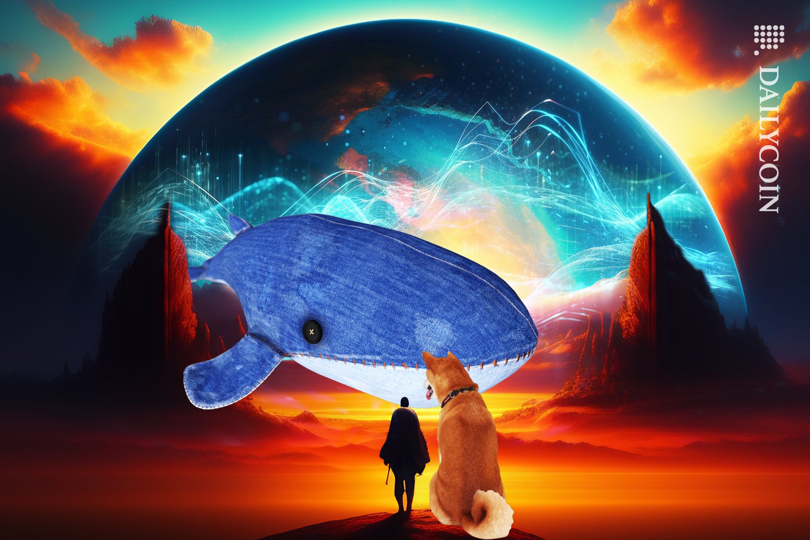 A whale getting in the way of data shown, shiba and a man are trying to look into the data bubble.