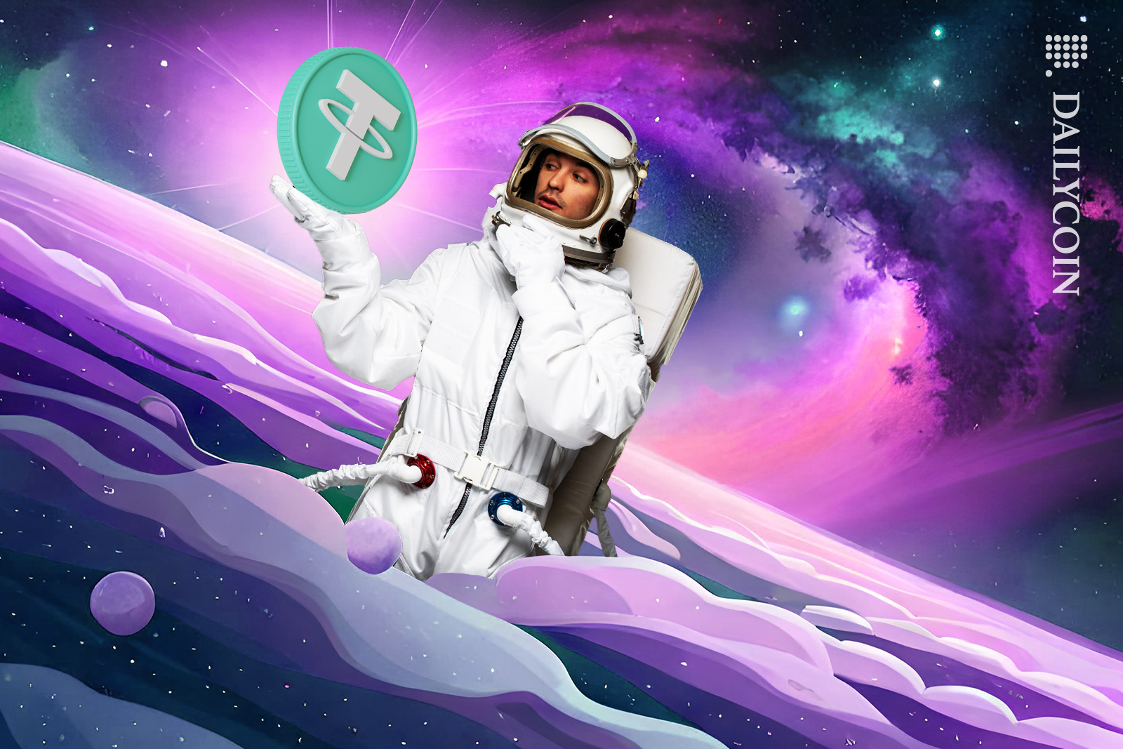 Spaceman appearing from the clouds in space with a Tether coin.