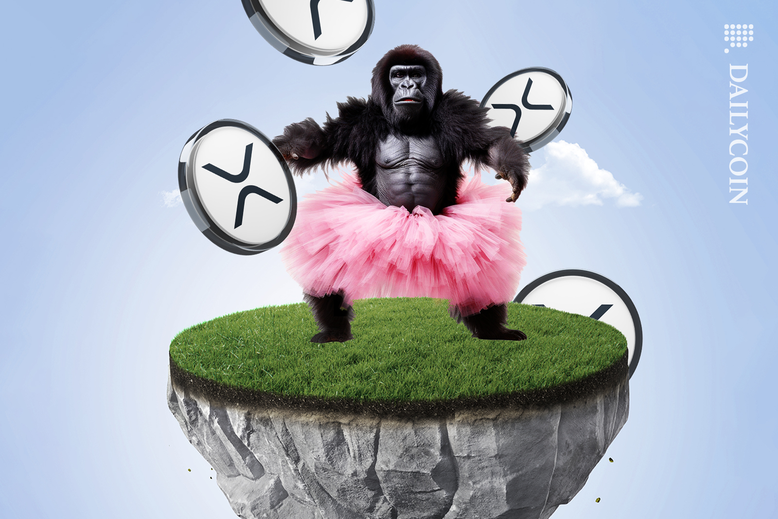 Gorilla in a tutu on has XRP coins floating.