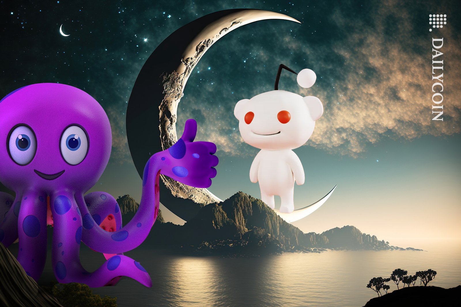 Kraken character showing thumbs up to Reddit mascot on the moon.