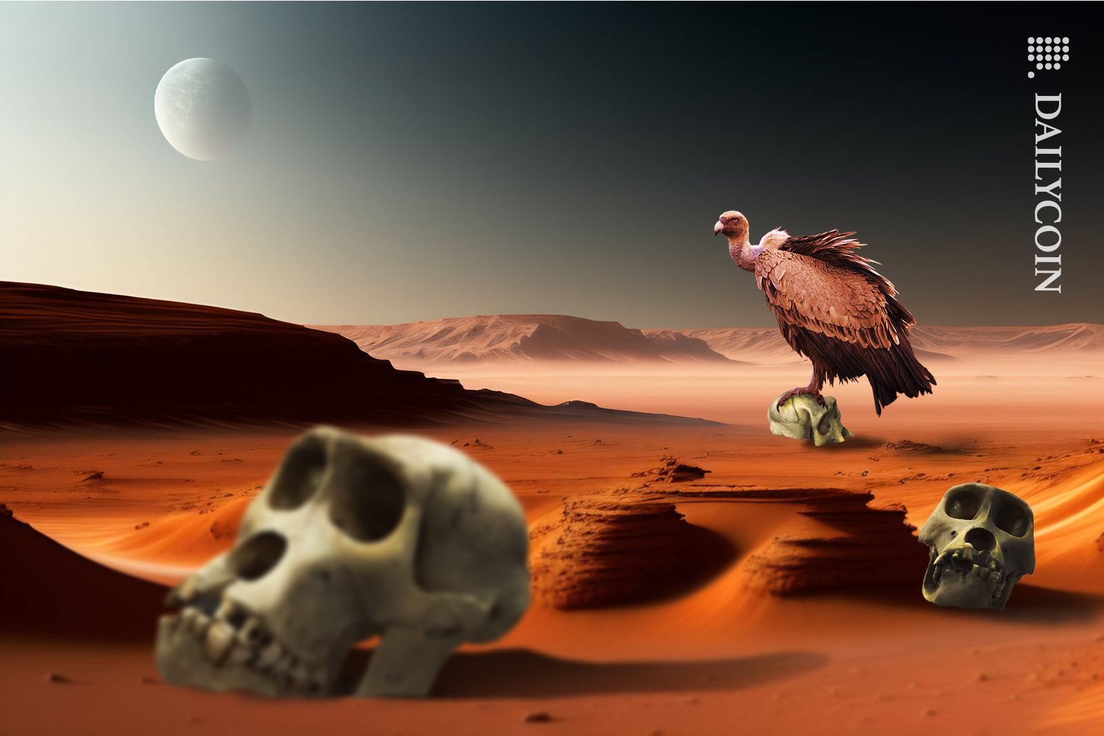 Ape skulls scattered around in a barren desert, A vulture sitting on one of them.