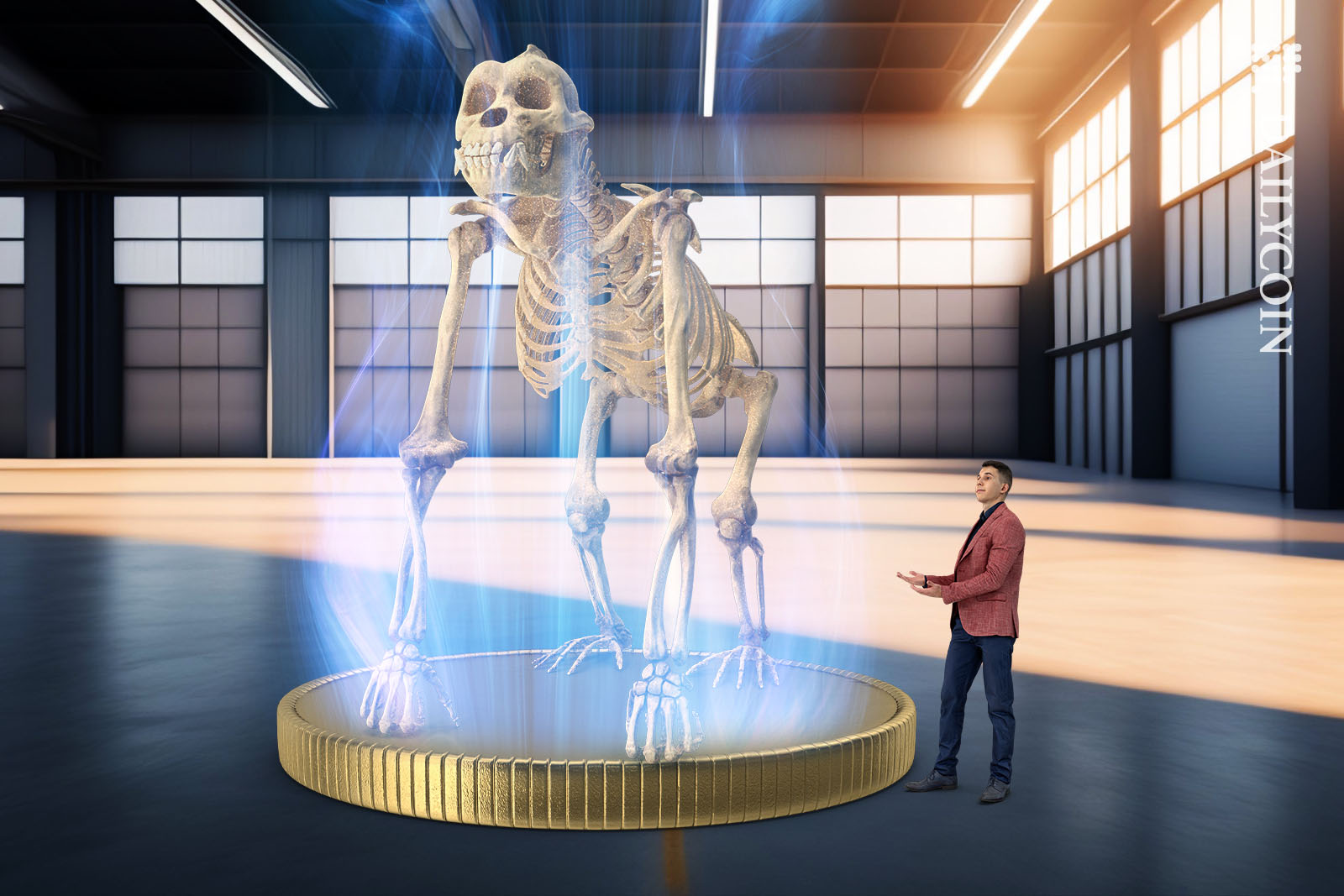 Man presenting a coin with a large ape skeleton on it.