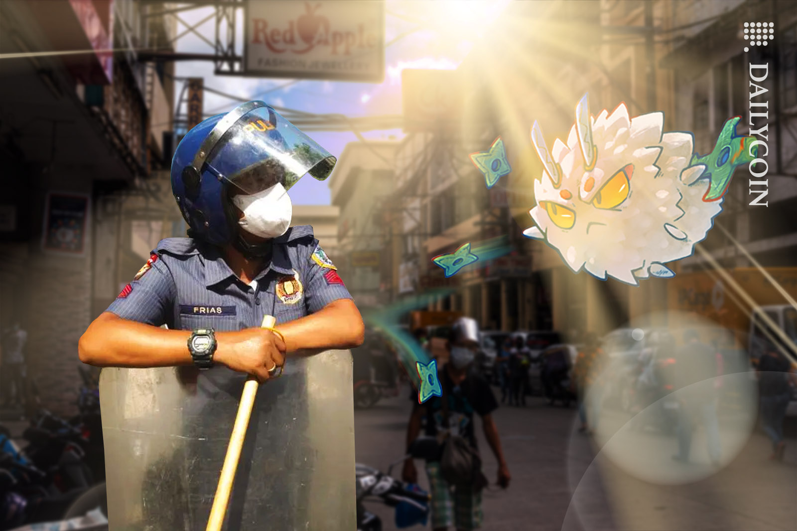 Philippino riot police officer dealing with an agressive Axie Infinity character.
