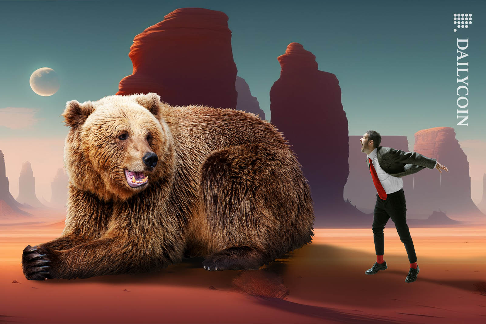 A man in a suit screaming at a bear in a desert.