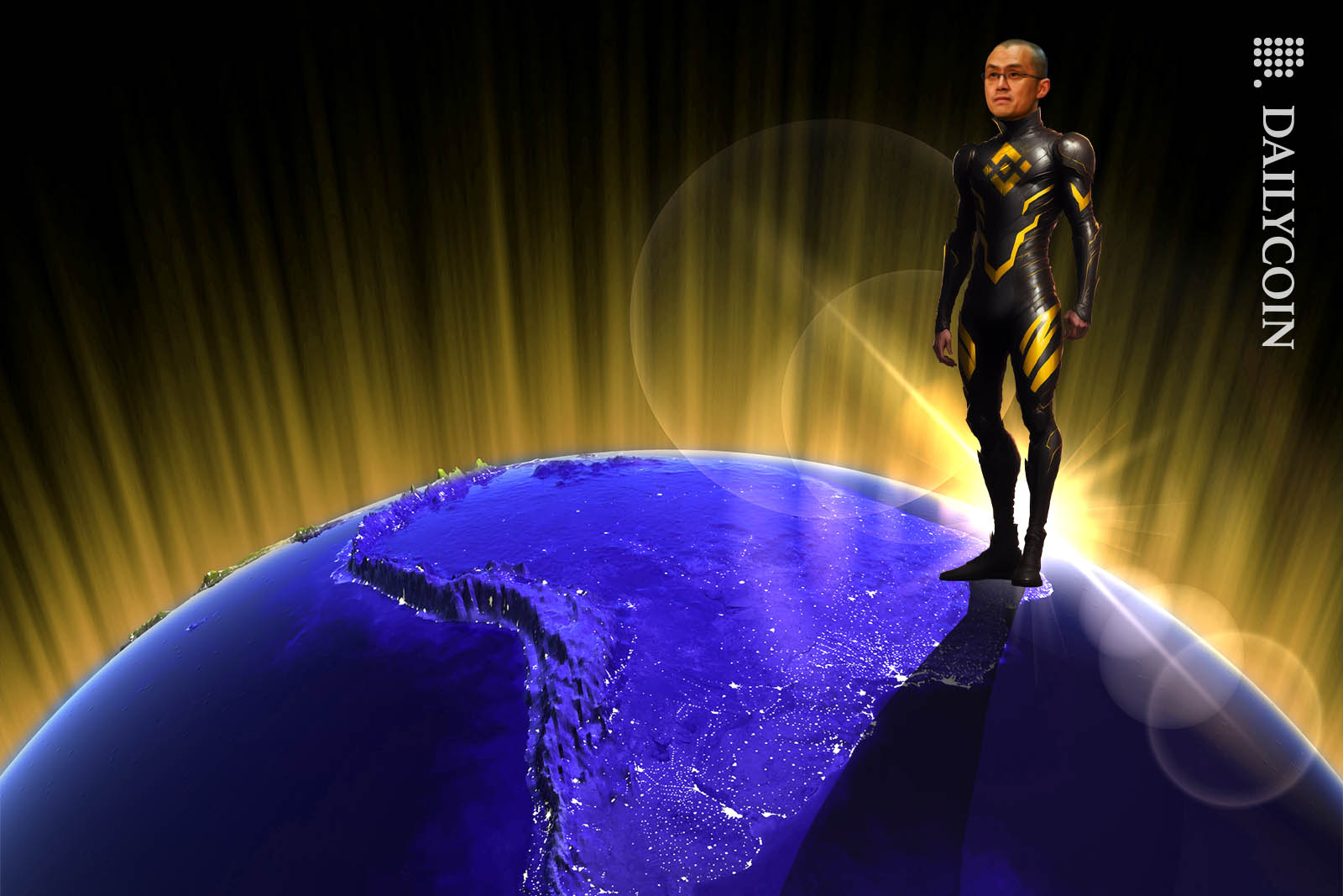 Changpeng Zhao as Binance man towering over South America.