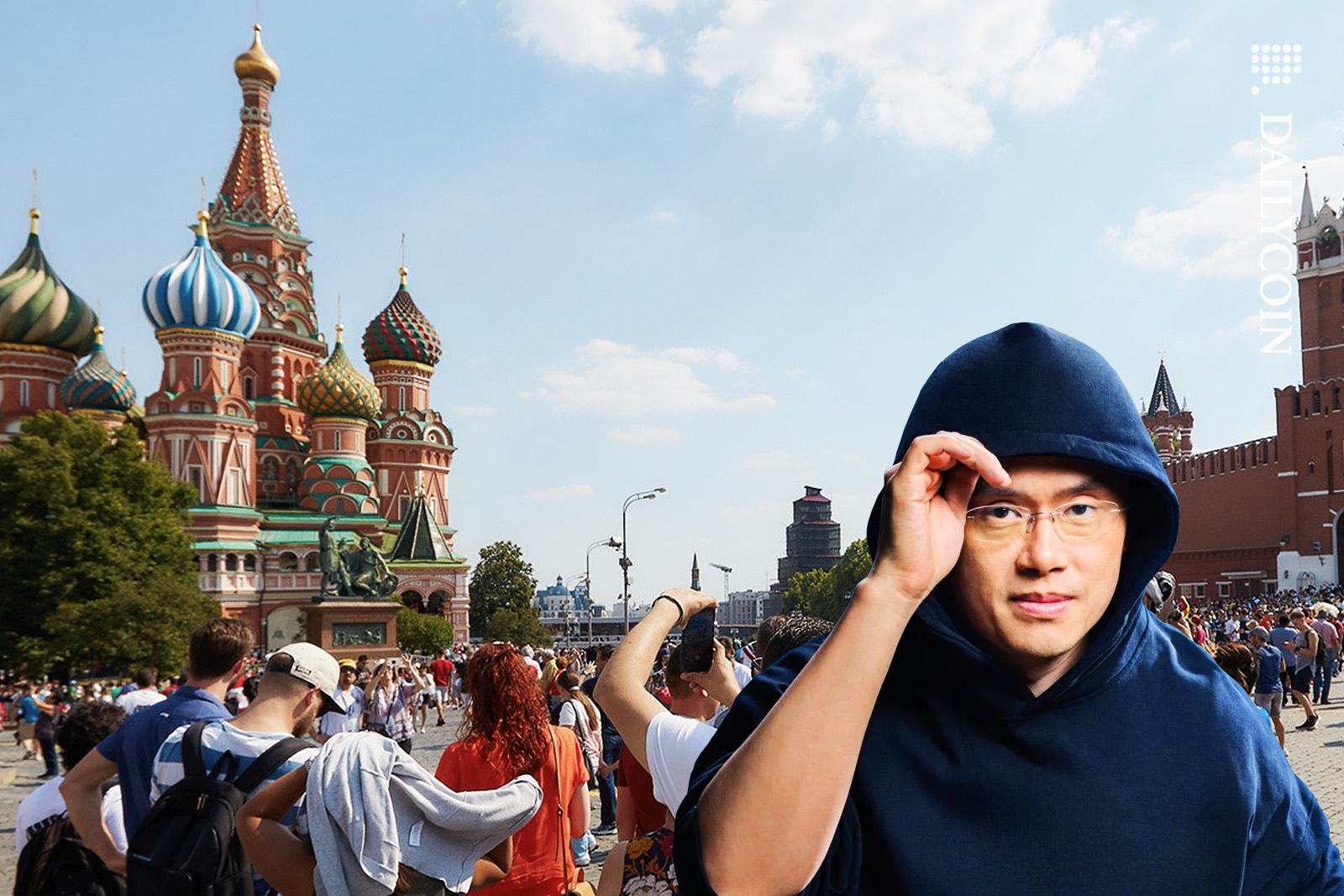 Chanpeng Zhao trying to blend in with a crowd of tourists in Moscow red square.