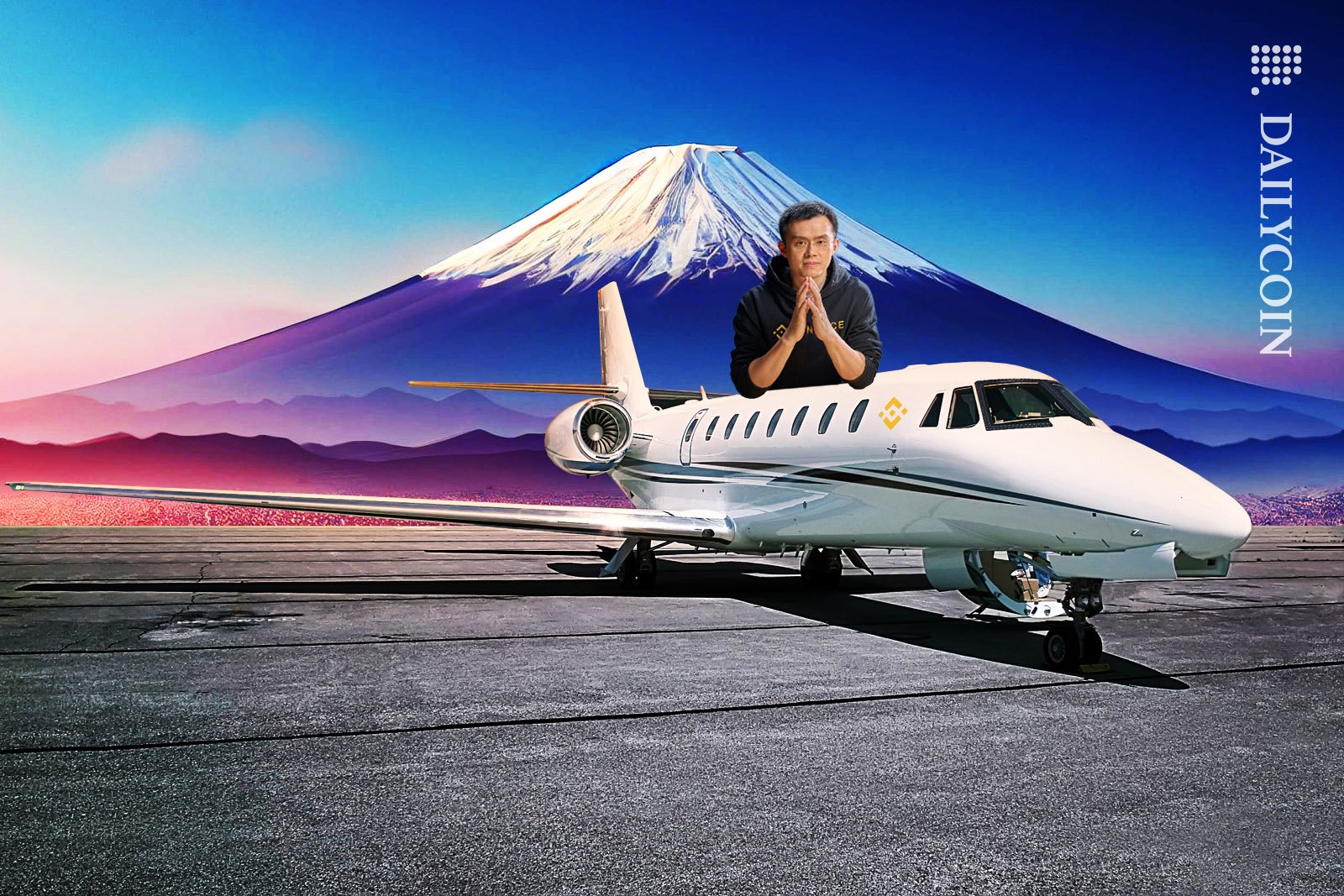Changpeng Zhao resting on his private jet on a Japanese runway.