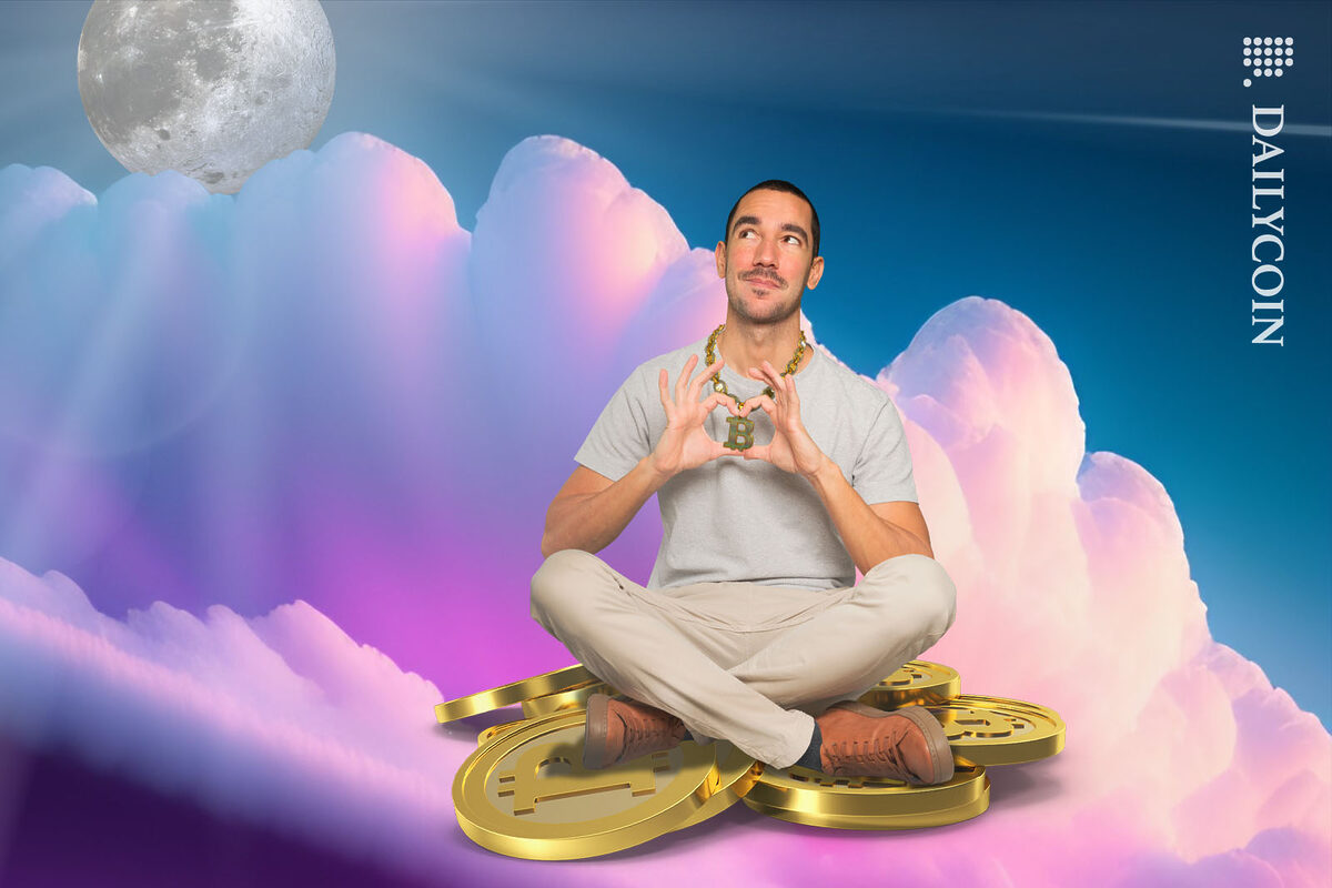 A very calm and content man sitting on a pile of Bitcoins, whilst looking up on the moon.