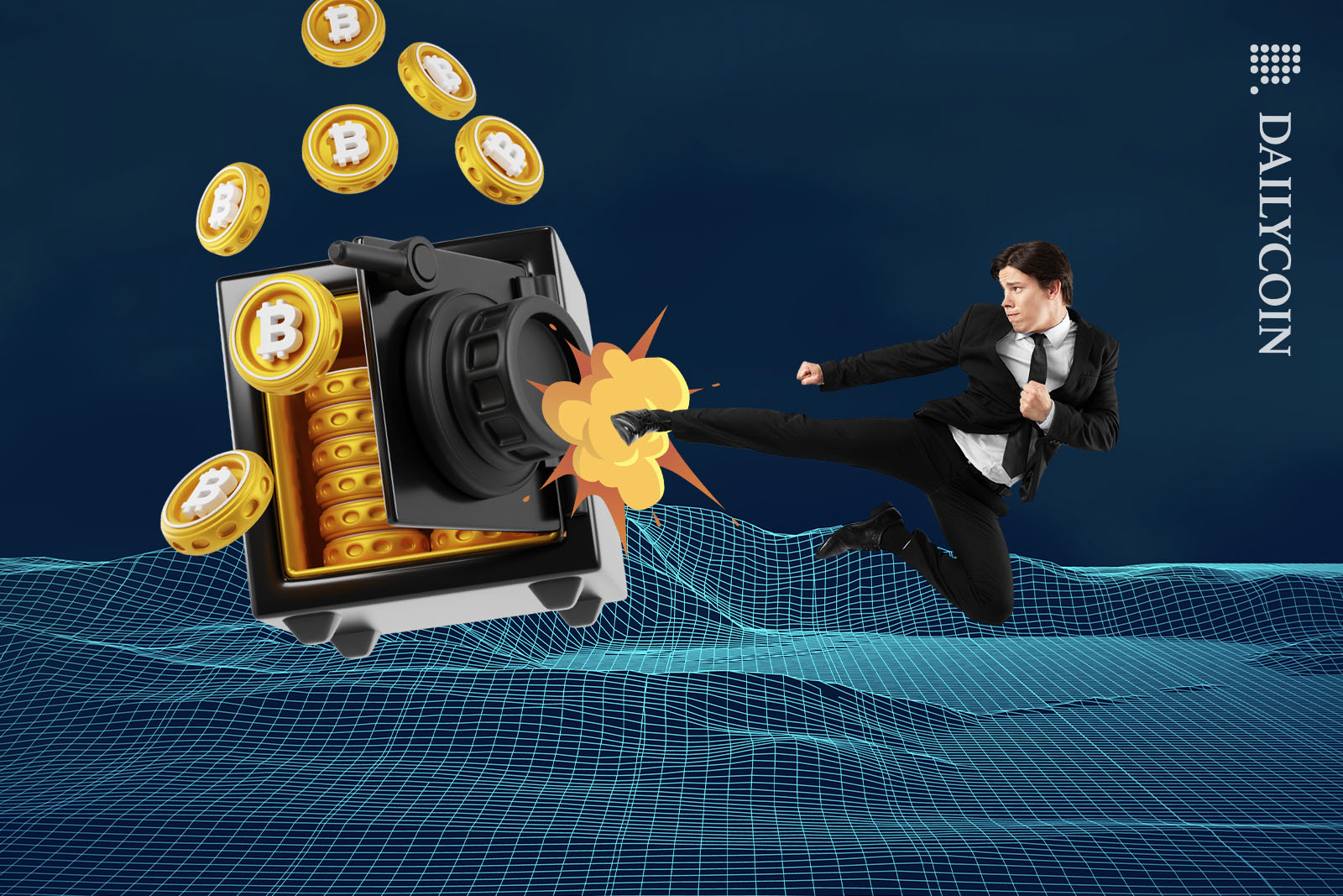 Young suited man kicks a safe full of Bitcoin, making Bitcoins fly out of it.
